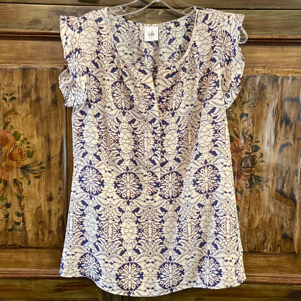 Cabi Blue and Cream V Neck Blouse